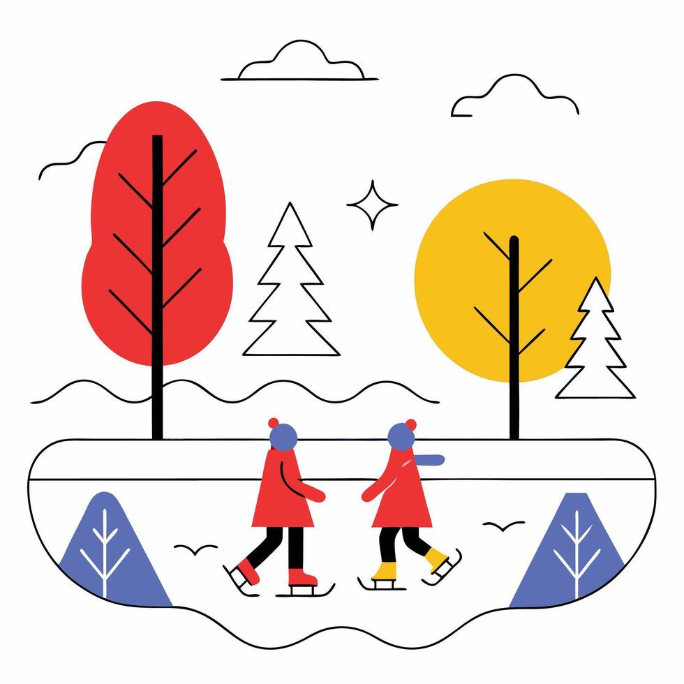 Ice Skating Kids Minimalist Winter Scene Illustration Red Coats. vector