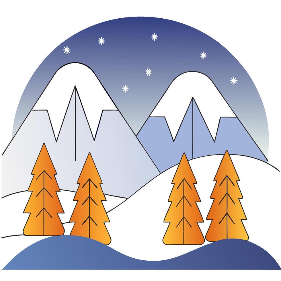 Winter Mountain Scene Minimalist Snowscape with Orange Trees. vector