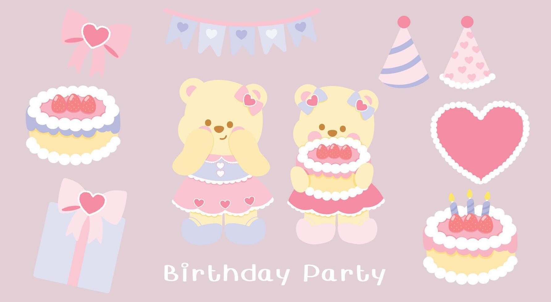 bears celebrate a pink strawberry cake birthday vector