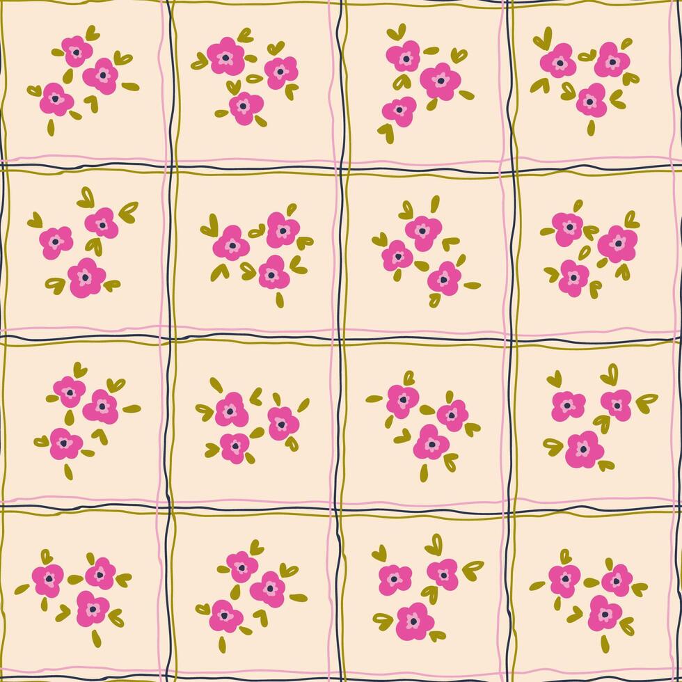 Preppy bouquet on checkered background. Coquette small flowers trellis seamless Gingham pattern vector
