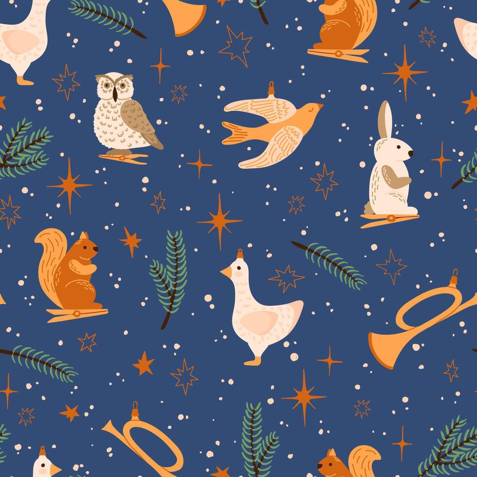 Christmas Ornaments Seamless Pattern, hare, squirrel, goose, horn Christmas tree decoration vector