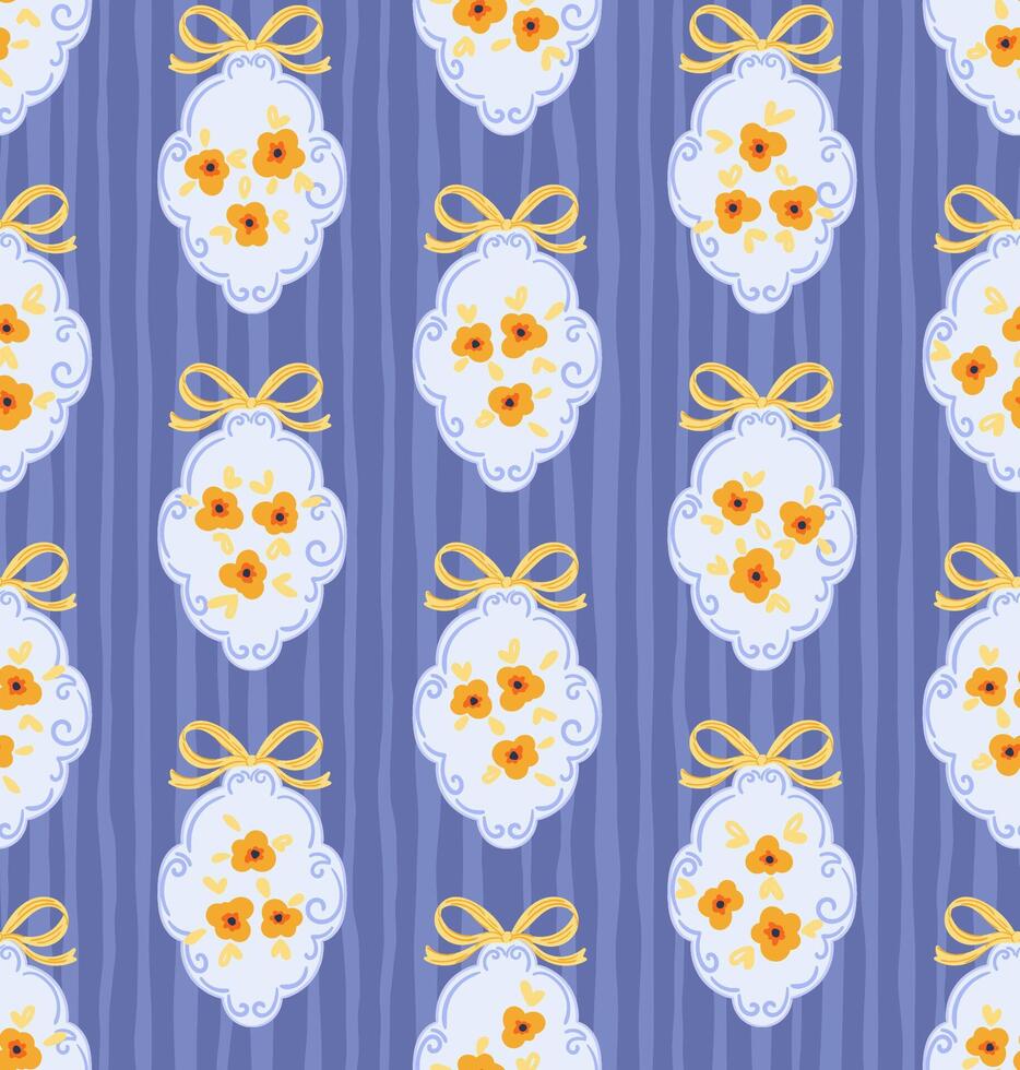 Preppy bouquet on damask background. Coquette flowers trellis seamless pattern stripes lines texture vector