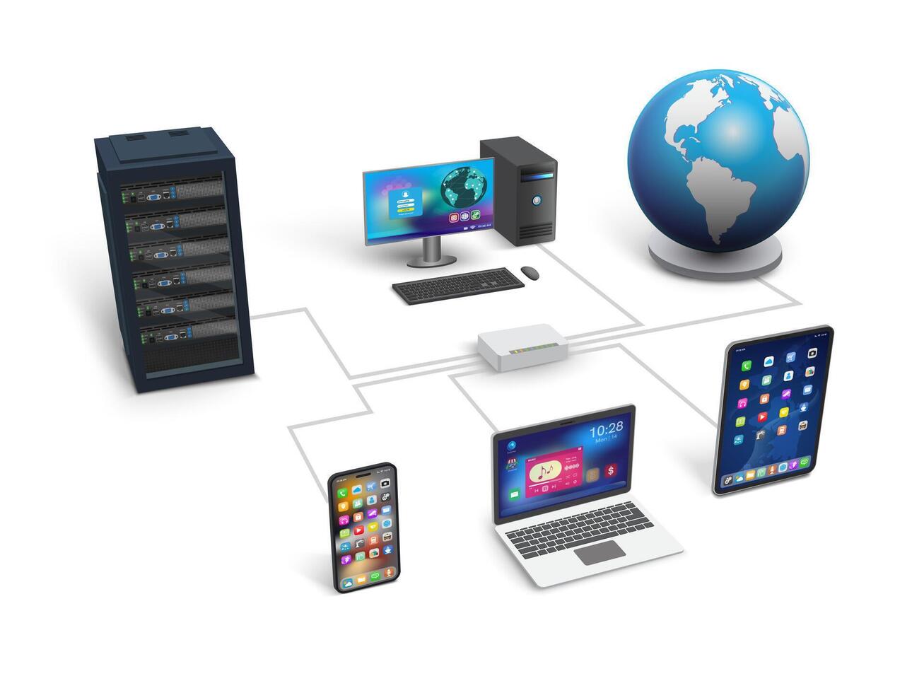Lan network 3D diagram for business and technology concept on white background. WAN of computer networking. vector