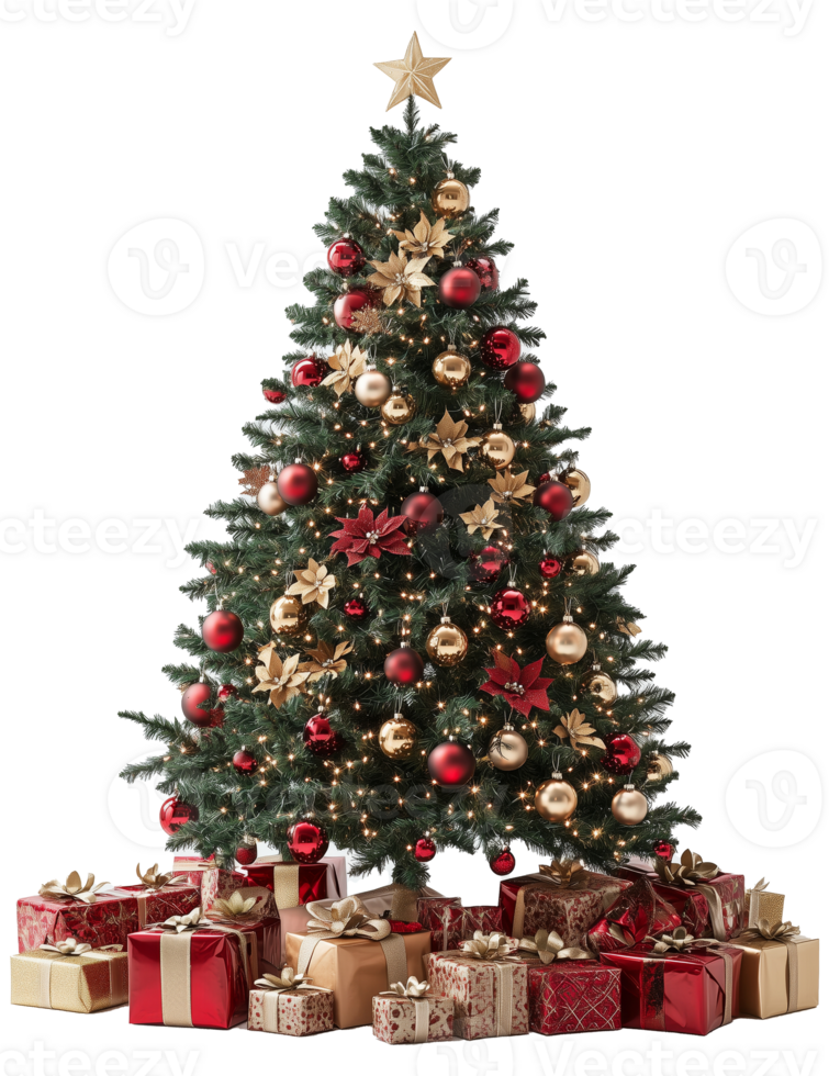 A christmas tree with presents and red ornaments png