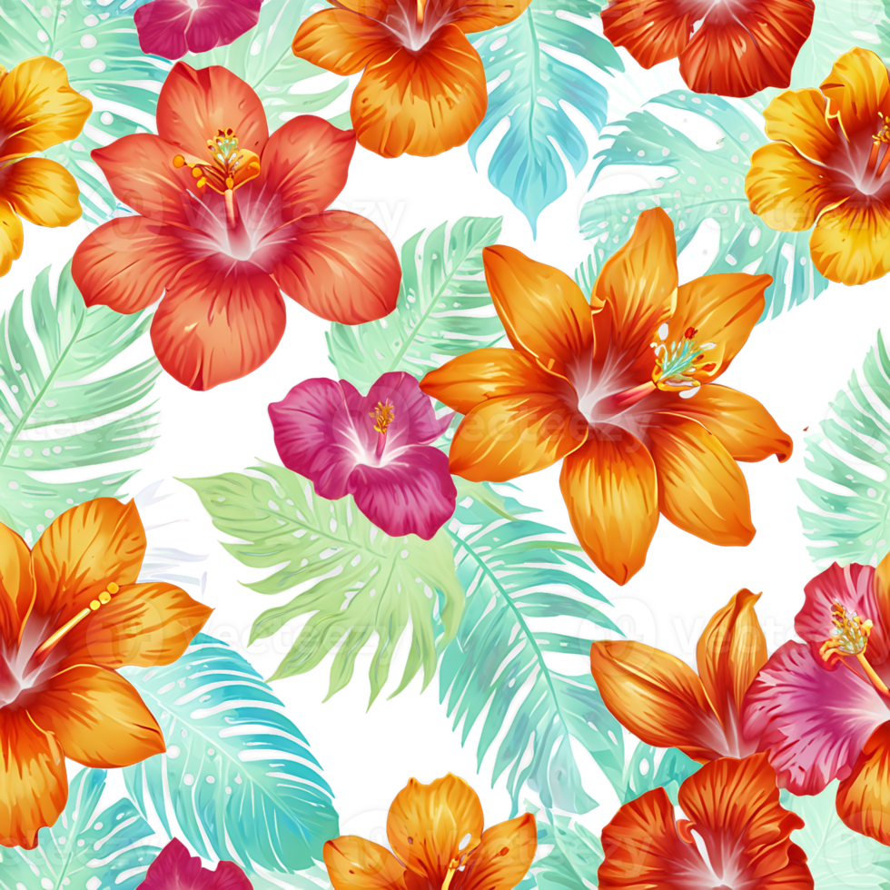 tropical flowers and leaves on a transparent background png