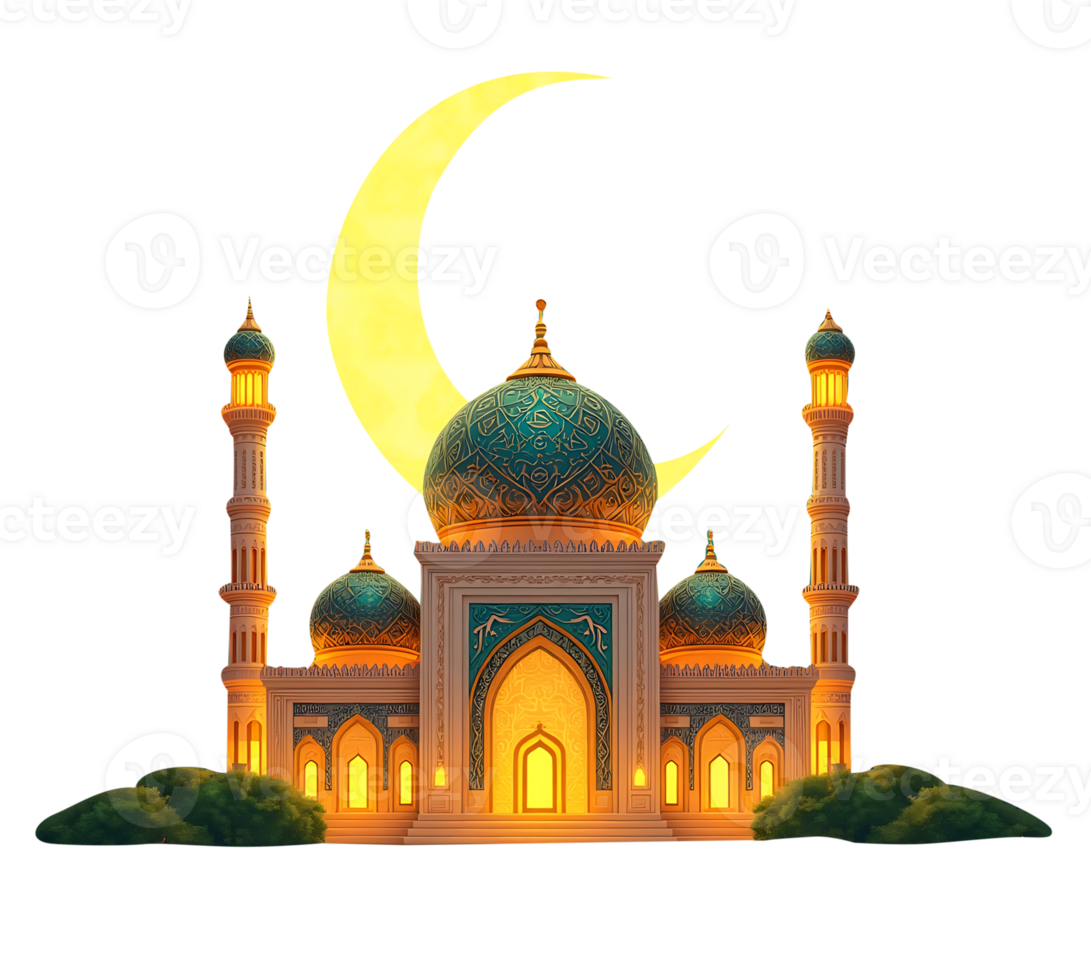 islamic mosque with moon and crescent on transparent background png