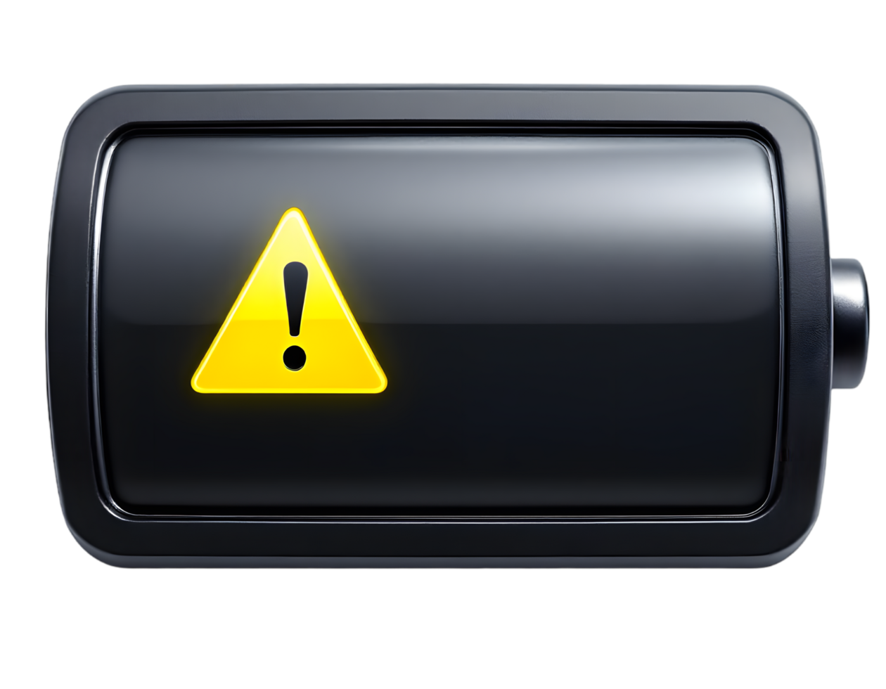 Low Battery Warning A 3D Render of a Black Battery Indicator with a Yellow Exclamation Mark png