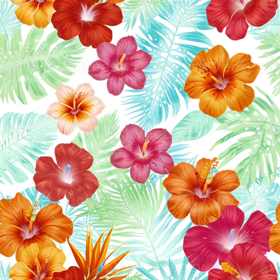 seamless tropical flowers pattern with tropical leaves and flowers png