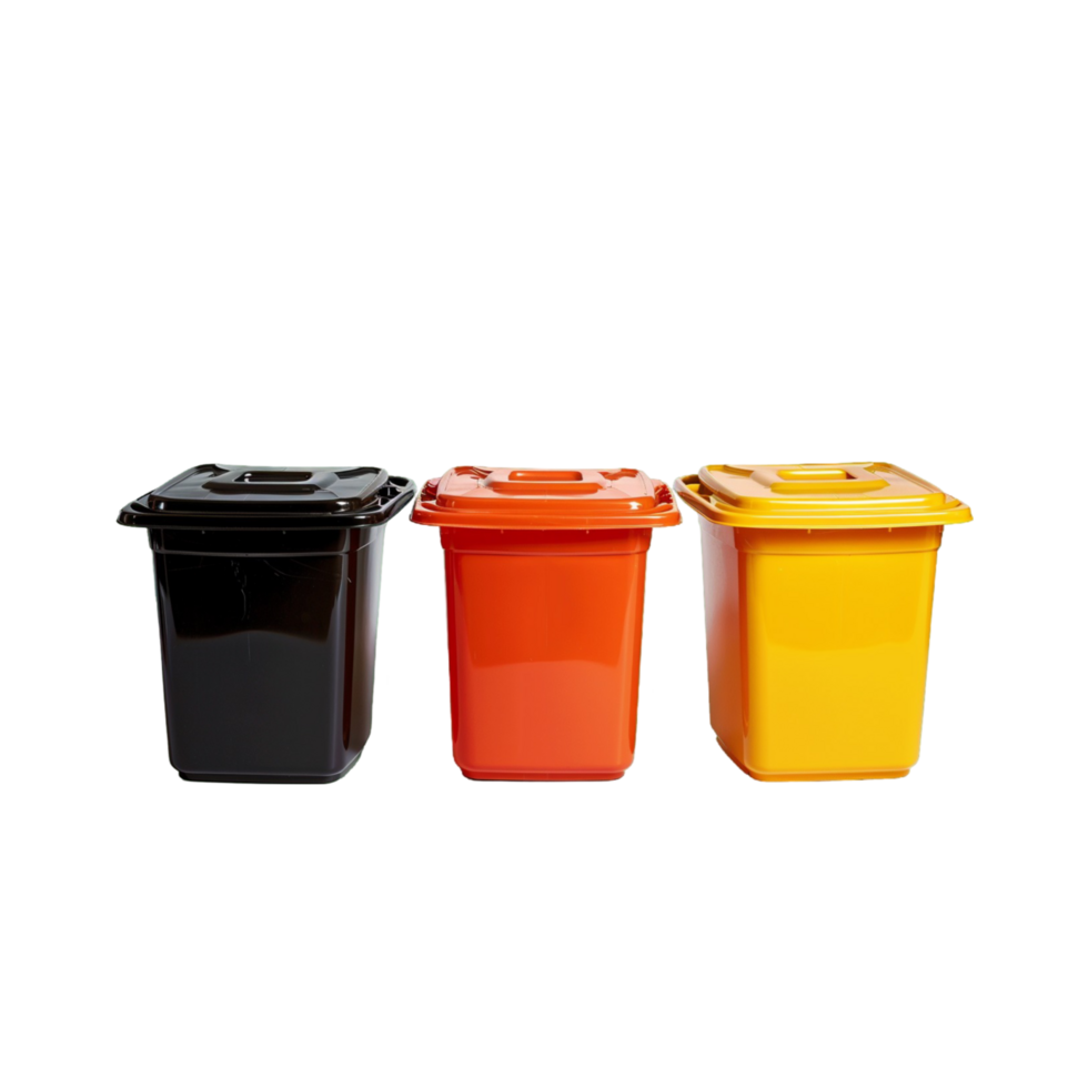 Three colorful trash bins stacked with square lids png