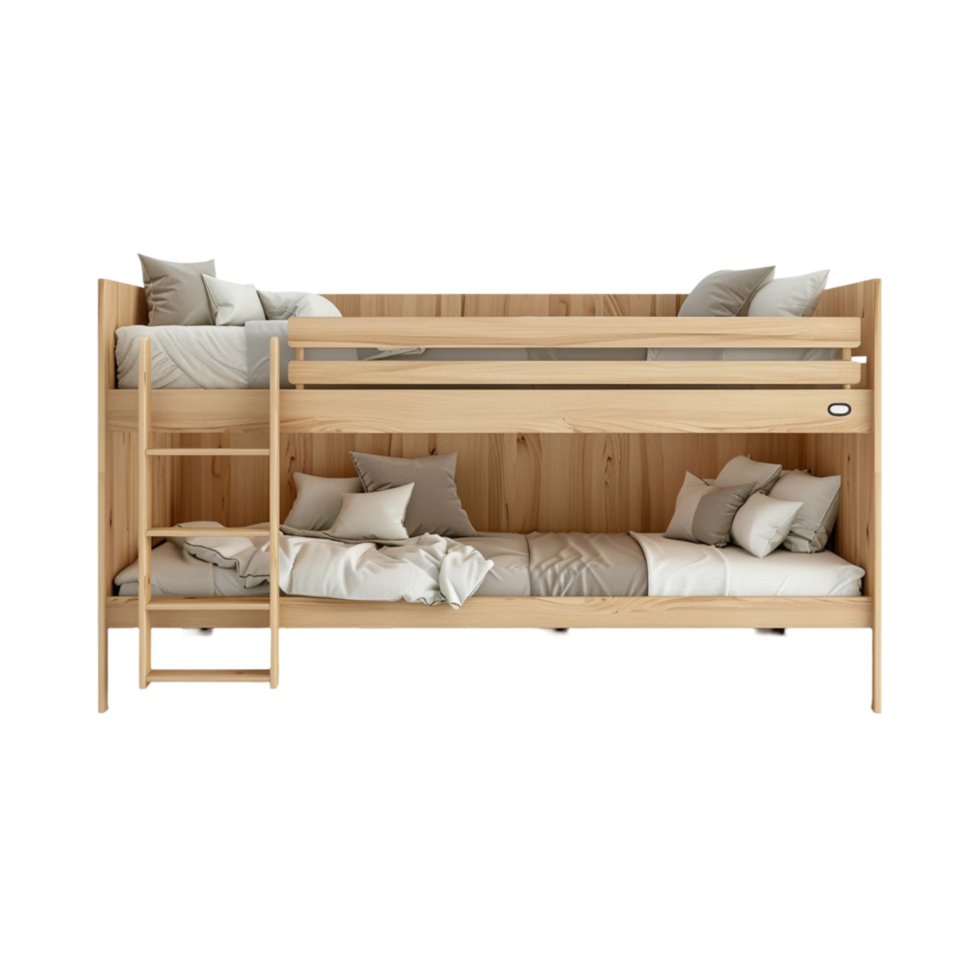 Cozy wooden bunk bed with soft pillows and bedding png