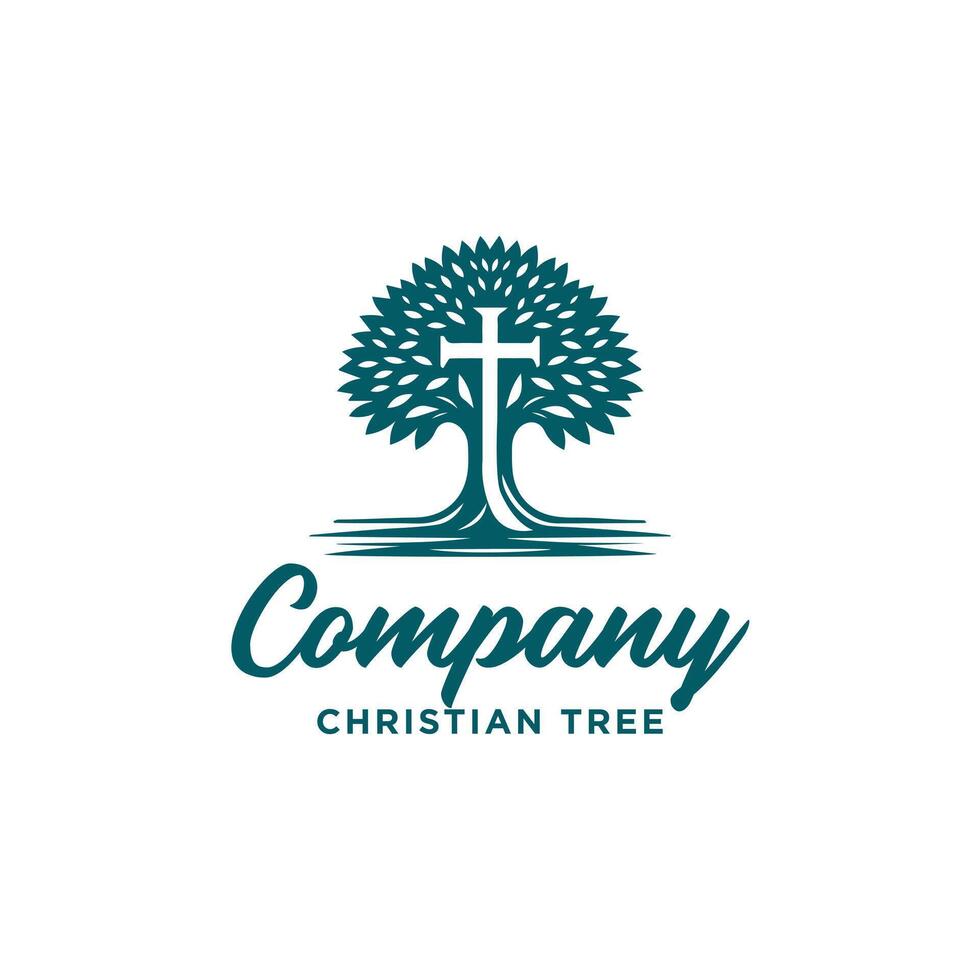 rustic retro tree with cross for christian chruch community logo design vector
