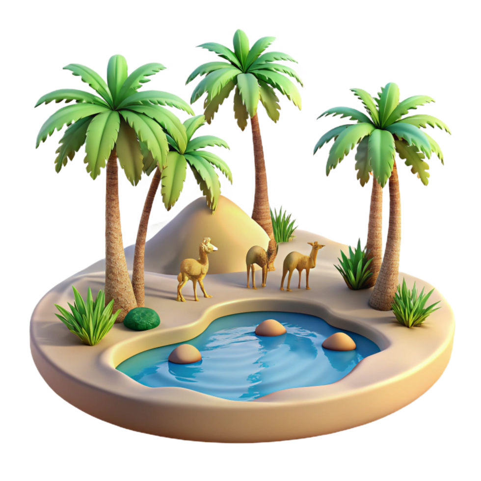 Oasis 3D Render Desert Palm Trees and Camels png