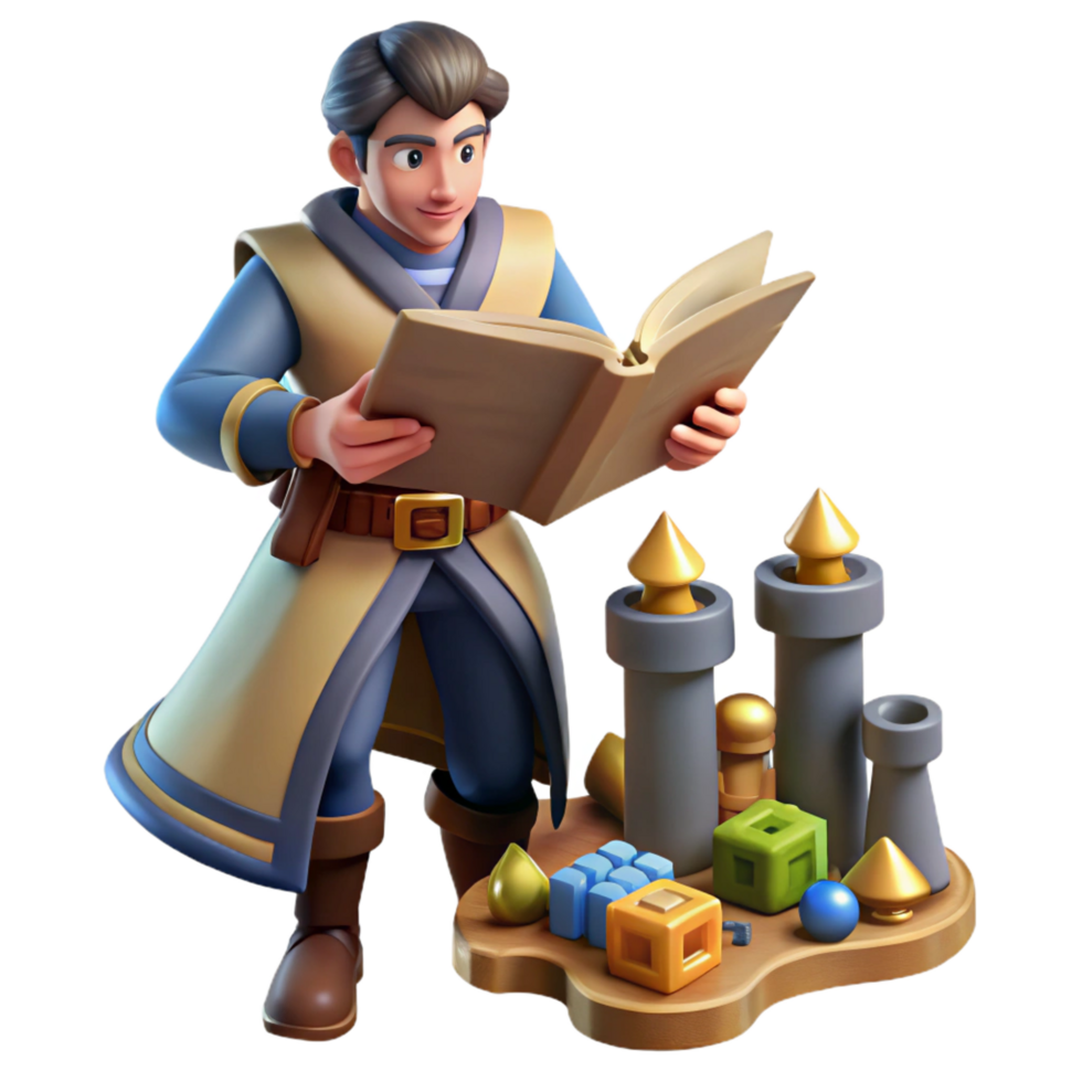 3D Illustration Young Architect Studying Blueprint png