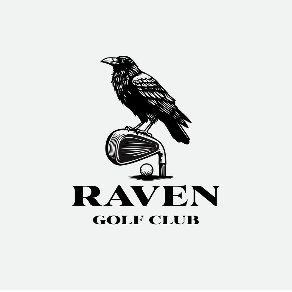 rustic retro raven crow perch on golf stick for golf club logo design vector