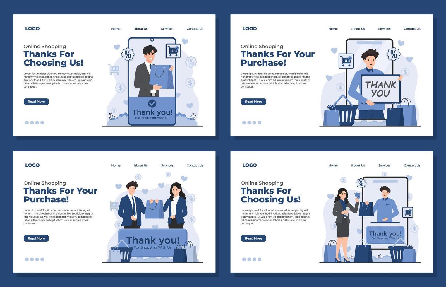 landing page template Online shopping appreciation concept with a thank you message for customers after a successful purchase vector