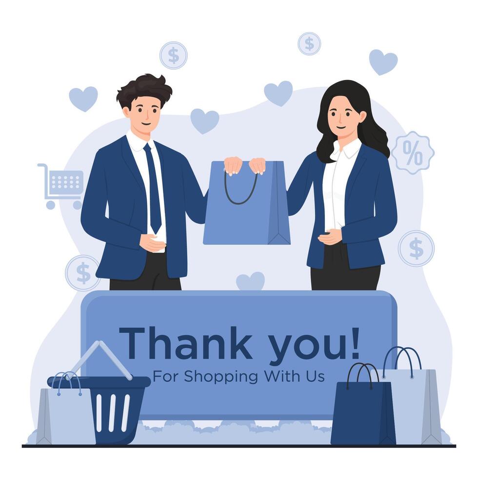 Shopping man and woman. Online shopping appreciation concept with a thank you message vector