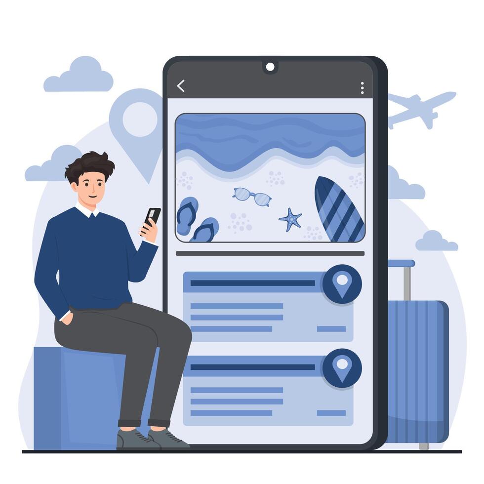 Traveler man with smartphone sitting on couch and waiting for plane. Traveling holiday booking vector