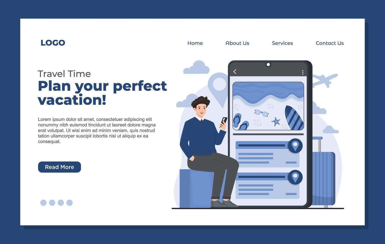 Traveling holiday booking Landing page template for travel agency. Flat style illustration. vector