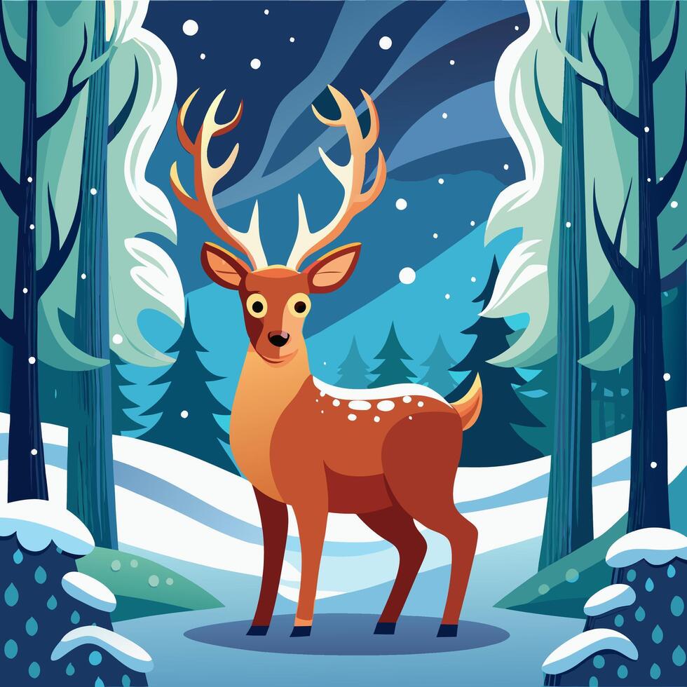 Winter Deer Stylized Illustration, Brown, Snowy Forest. vector