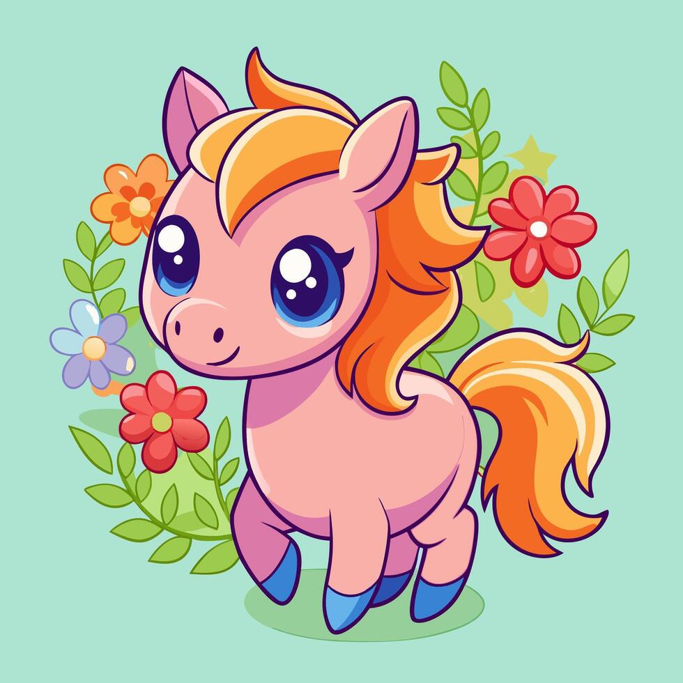 Cute Pink Pony Cartoon Illustration Floral Design, Big Eyes. vector