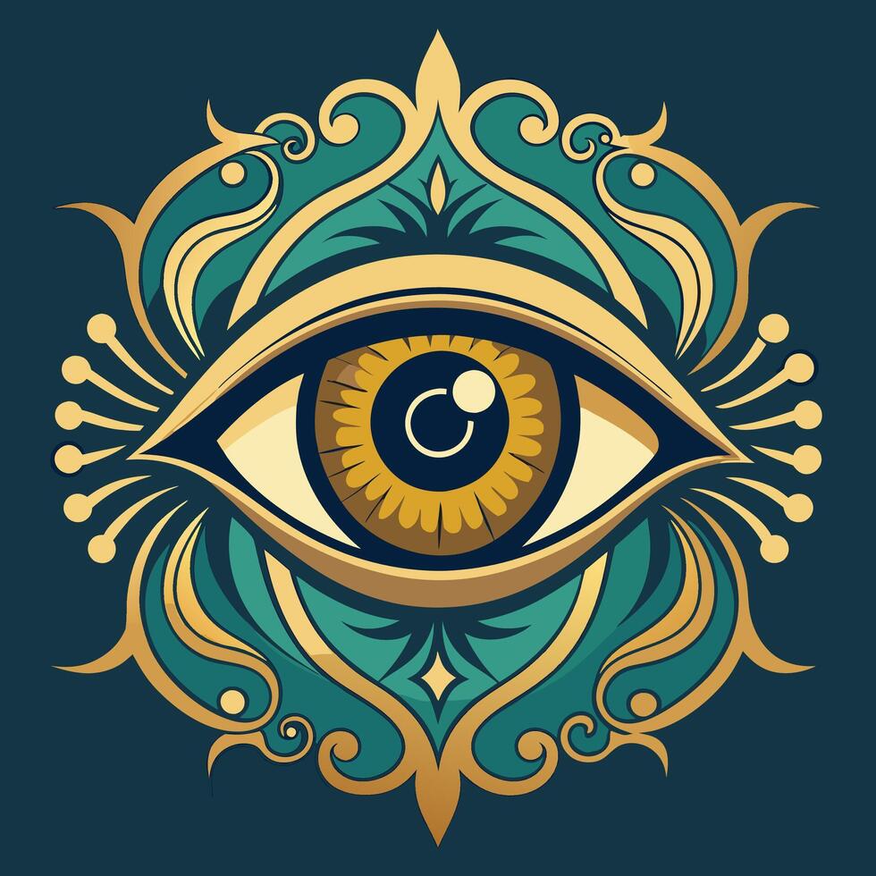 Ornate Golden Eye Illustration Teal. vector