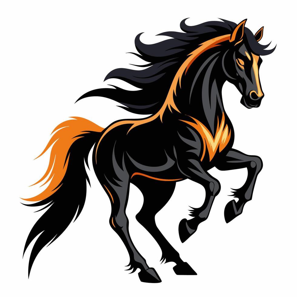 Powerful Rearing Black Stallion Illustration Orange Mane and Tail. vector