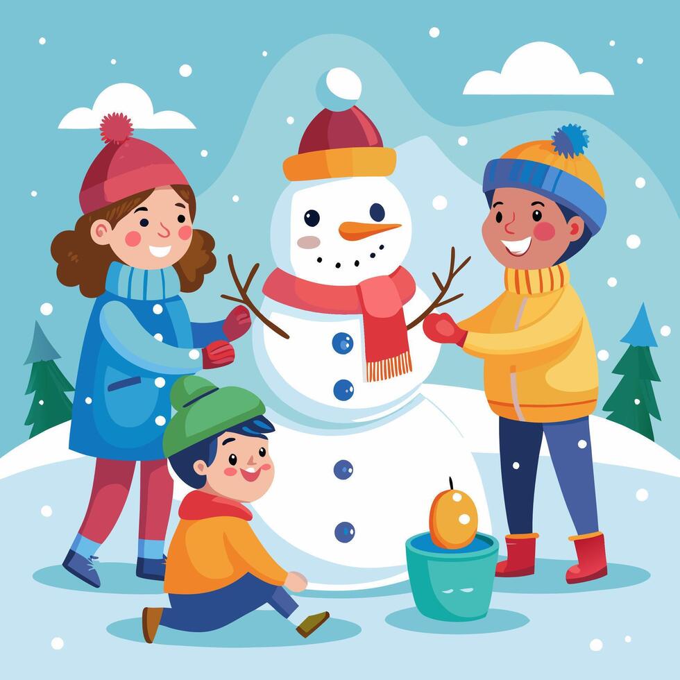 Kids Building Snowman, Winter Fun, Cartoon Illustration, Colorful Design. vector
