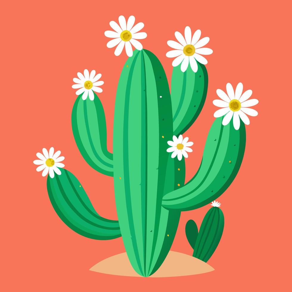 Blooming Cactus with Daisies Summer Desert Floral Illustration. vector