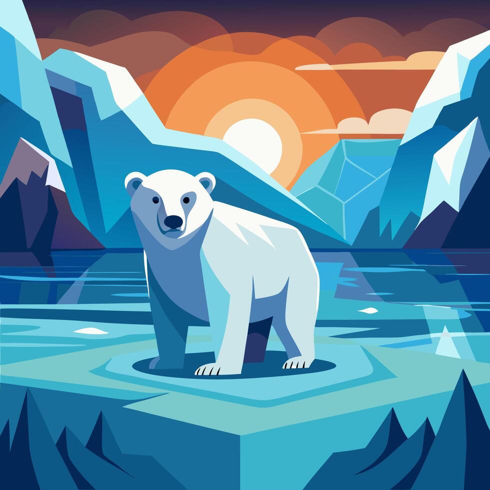 Polar Bear on Melting Ice Arctic Sunset. vector