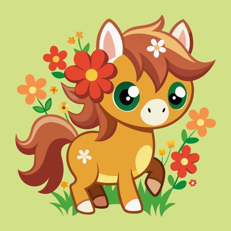 Cute Orange Pony Cartoon Illustration Spring Flowers, Big Eyes. vector