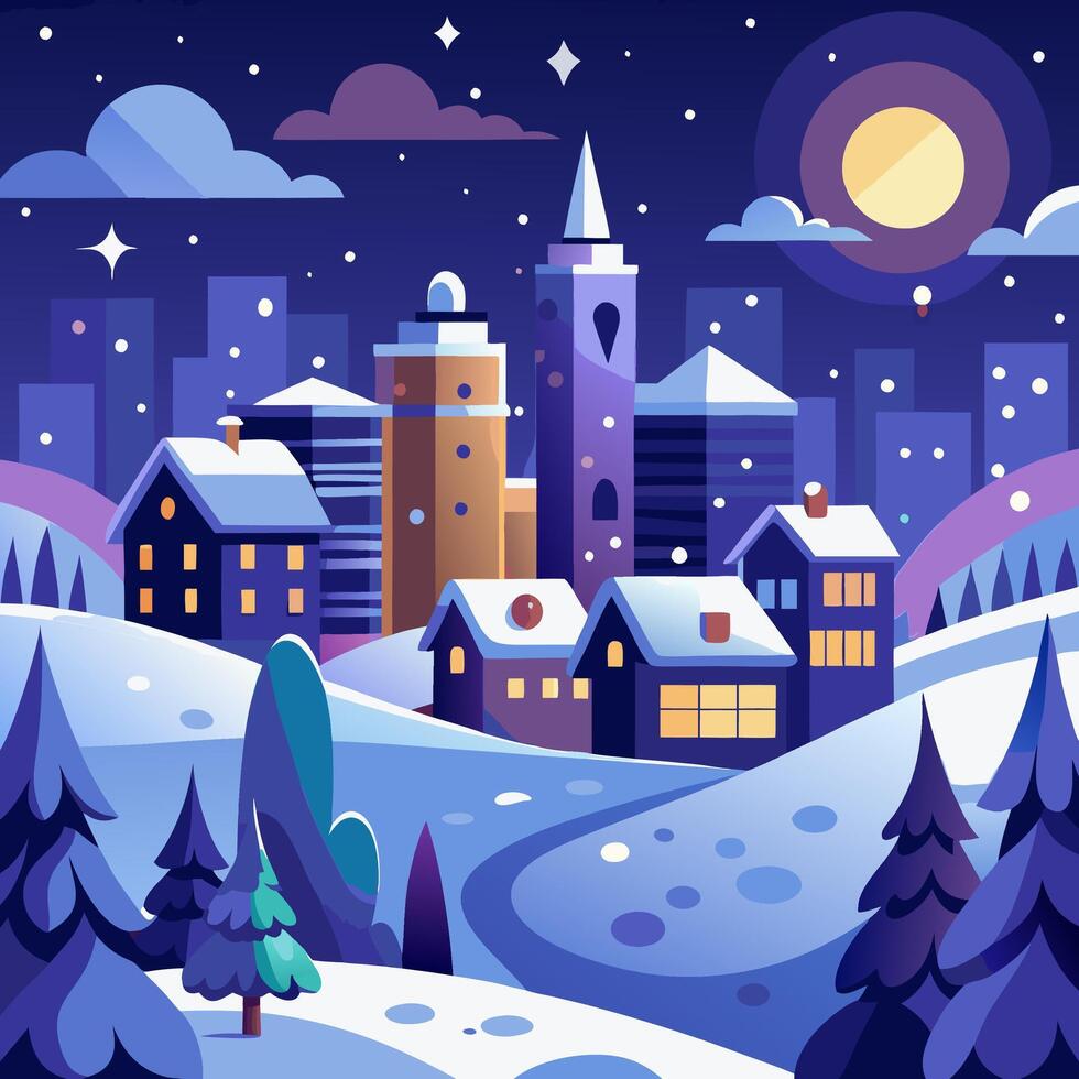 Winter Village Night Scene Snowy Houses, Cityscape. vector