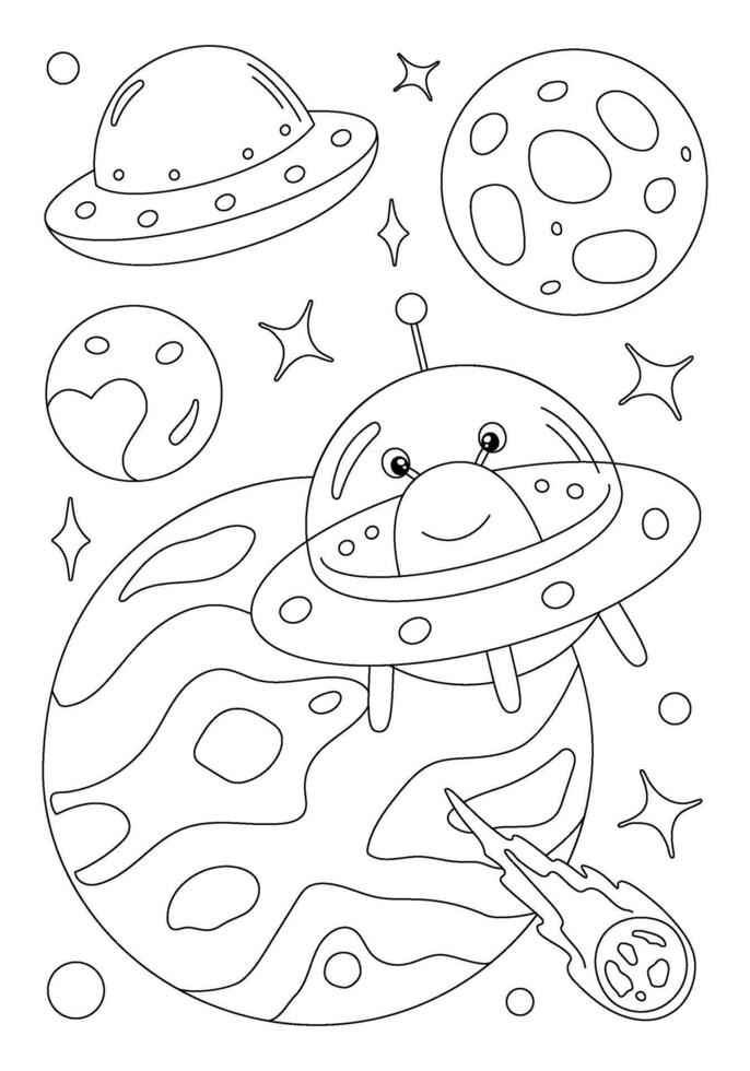 Coloring page with alien flying on spaceship between planets. template for children coloring book, print and poster. vector