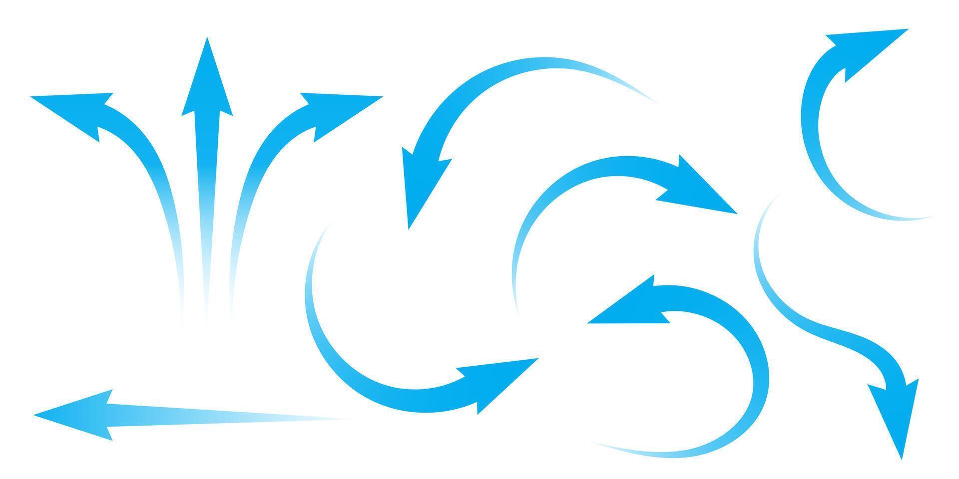 Set of air blue arrows showing the direction of air movement. Wind direction arrows. Blue cold fresh air flow from air conditioner. vector