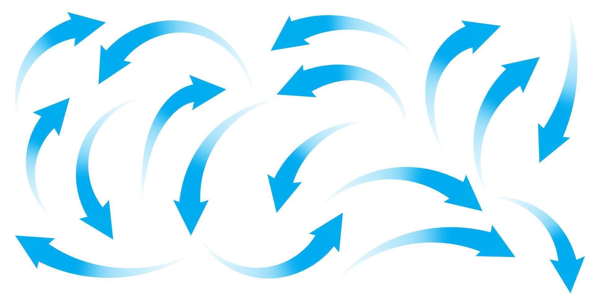Set of blue arrows showing direction of air movement. Wind direction arrows. Blue cold fresh stream from the conditioner. vector