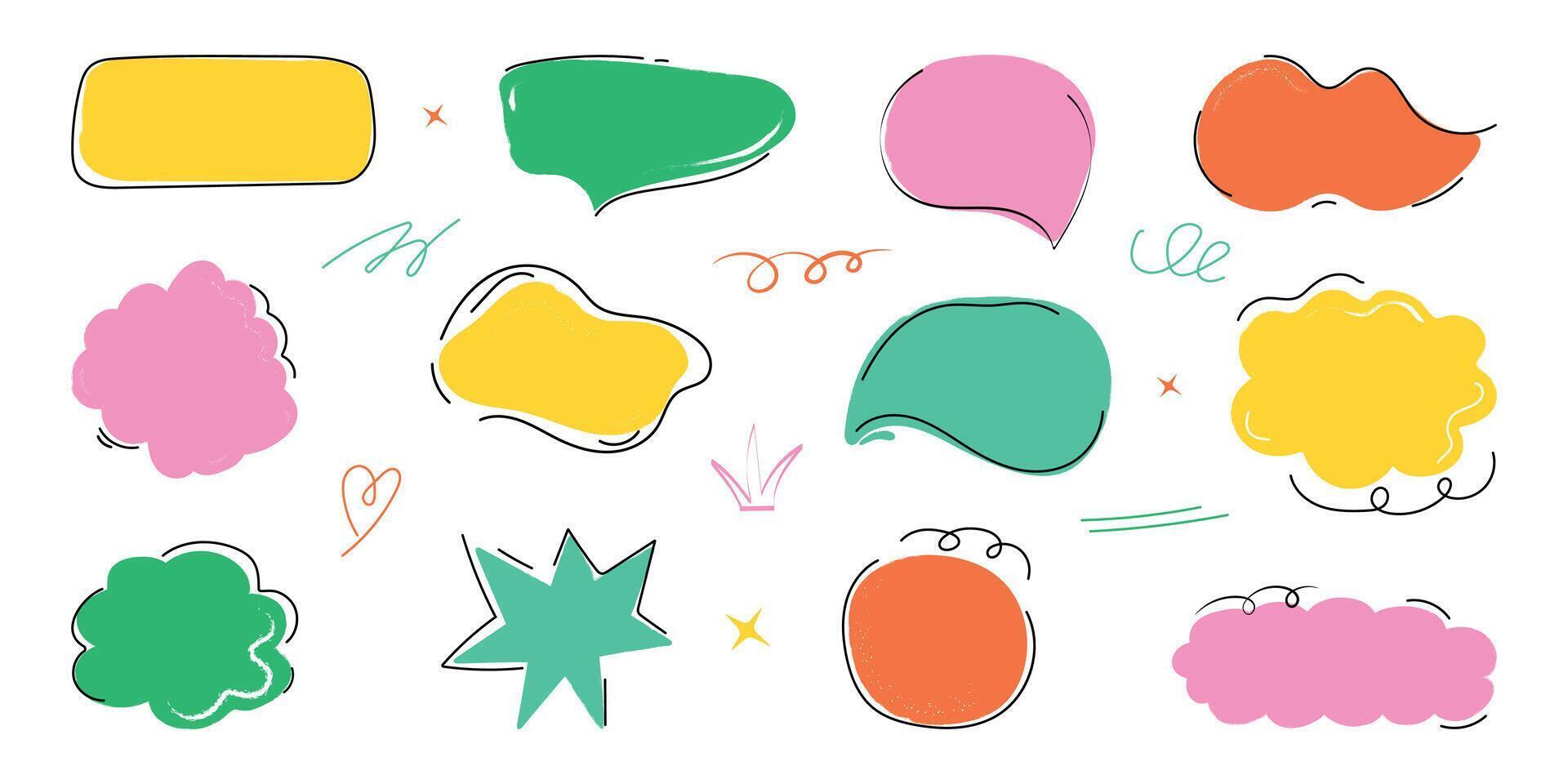 Color crayon speech bubble set in trendy doodle style. Chalk balloons for text, chat, dialog icon. Hand drawn child frames, cloud, talk box. Isolated illustrati vector