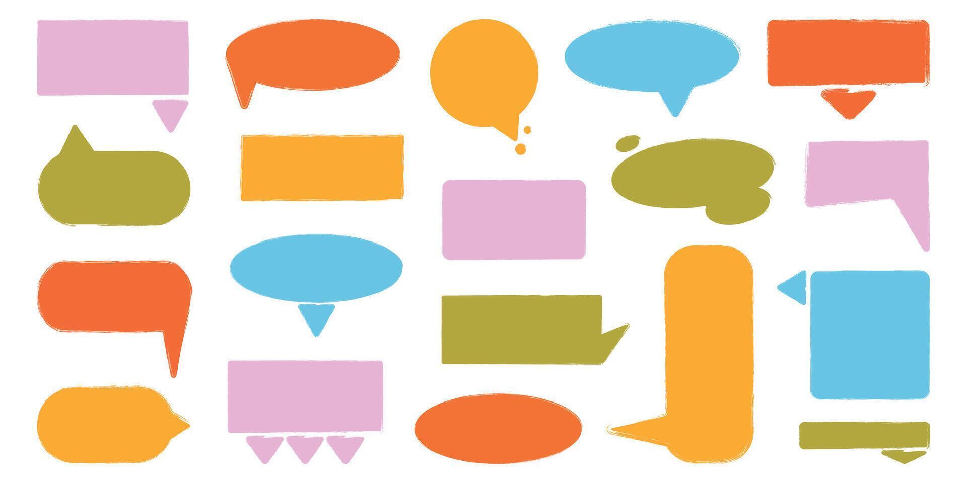 Crayon speech bubble set in trendy doodle style. Color chalk balloons for text, chat, dialog icon. Hand drawn child frames, talk box, cloud. Isolated illustrati vector