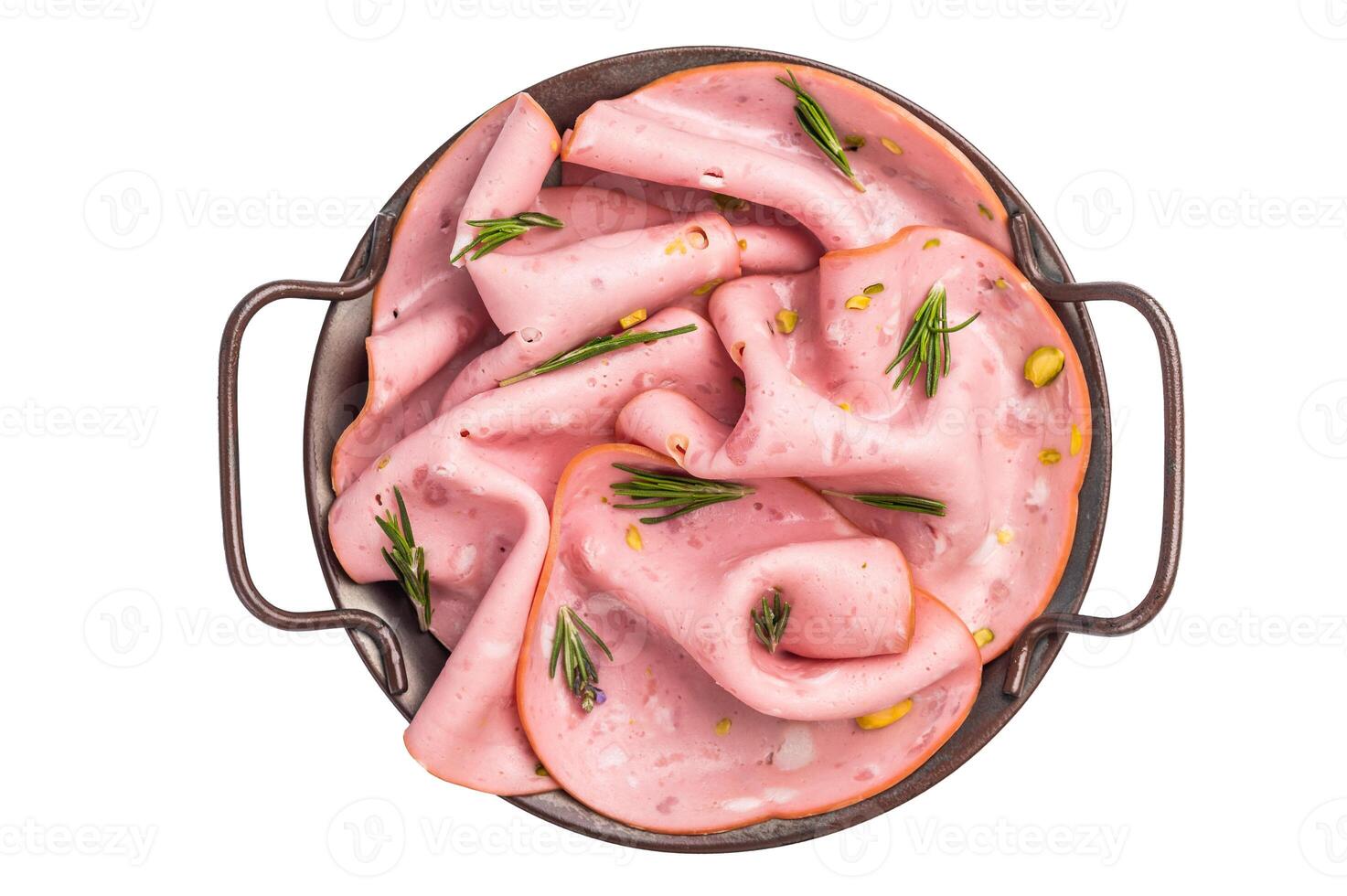 Mortadella Bologna slices with pistachios for breakfast in steel tray isolated on white background. top view photo