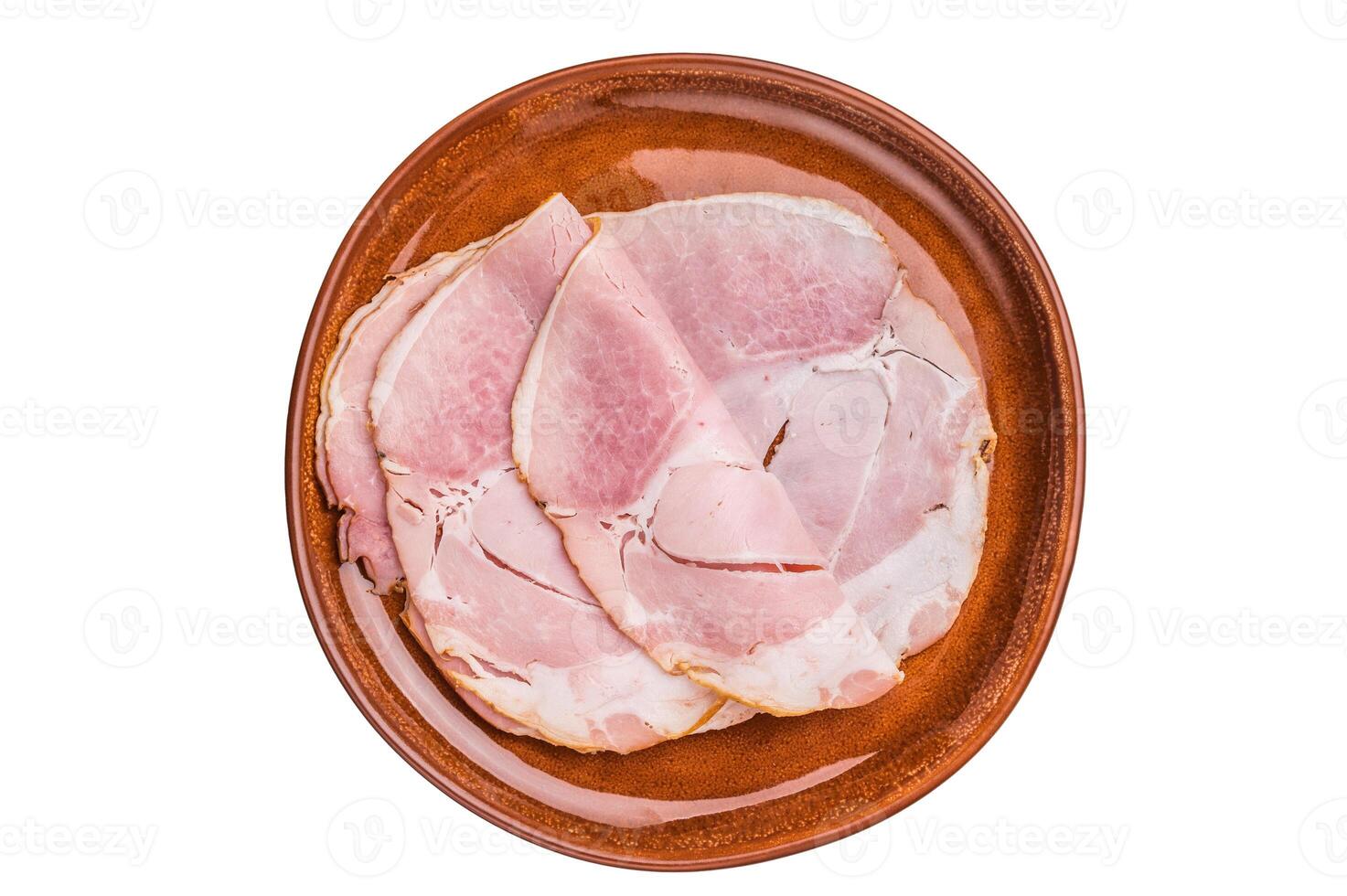 Sliced pork ham for sandwiches, smoked meat isolated on white background. top view photo