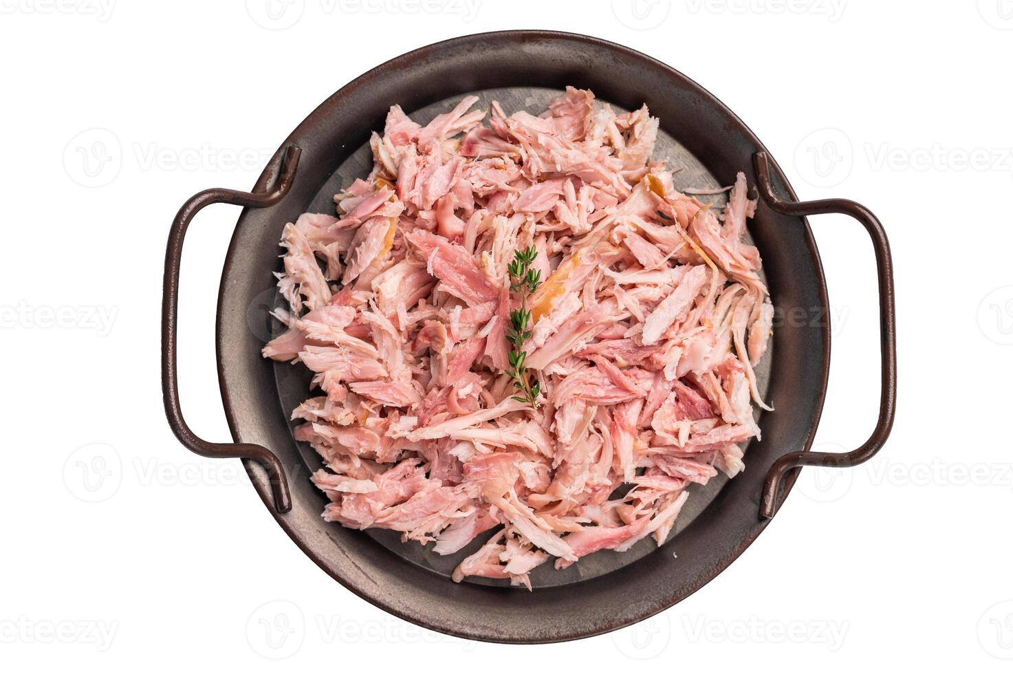 Hot smoked Pulled Chicken meat in a tray isolated on white background photo