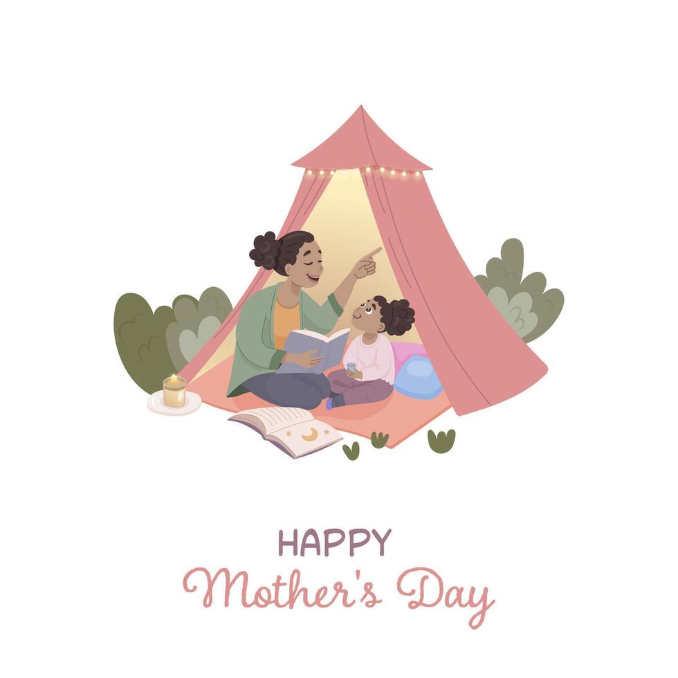 Mother's Day. A square card, an African American mother and daughter sitting in a tent reading vector