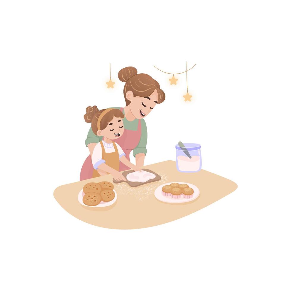 Mother's Day. Mother and daughter making cookies and cupcakes together vector