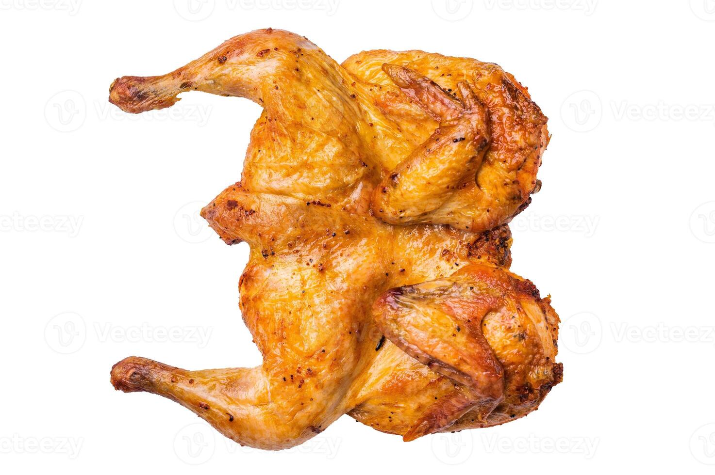Spatchcock chicken with spices, baked poultry meat isolated on white background. top view photo