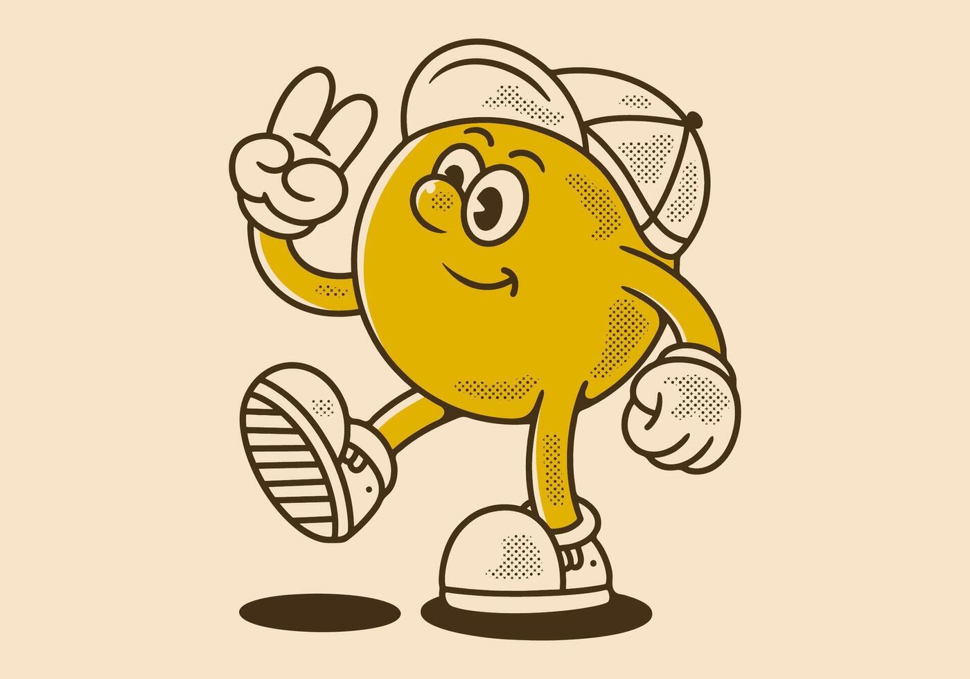 walking ball head character wearing a hat with hands forming a peace symbol in retro style vector