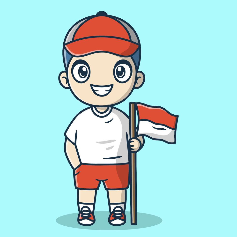 Cute boy mascot character holding an Indonesian flag vector