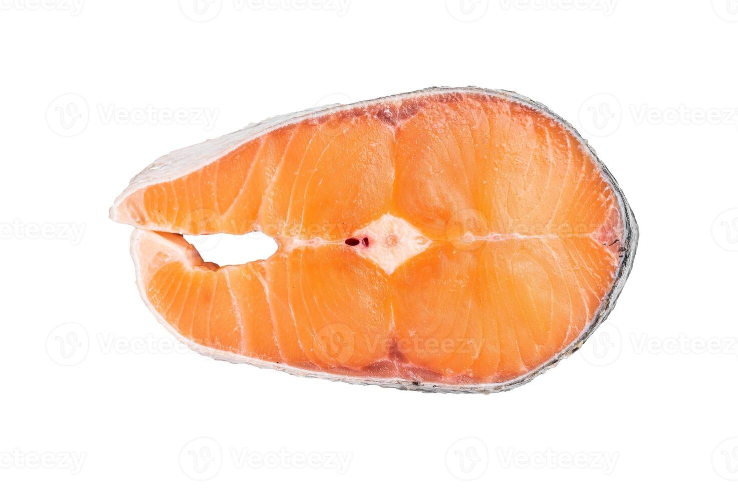 Fresh raw salmon fillet, glistening with moisture, ready for marinating or grilling. A perfect choice for healthy seafood lovers. isolated on white background. top view photo