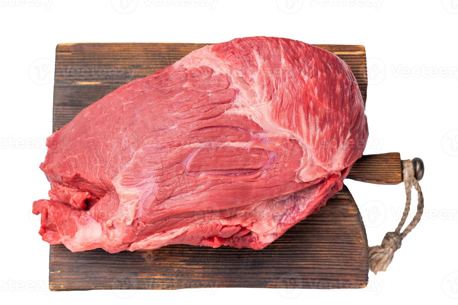 Fresh Raw Round Silverside beef meat cut, inside round with hrebs for roasting. isolated on white background. Top view photo