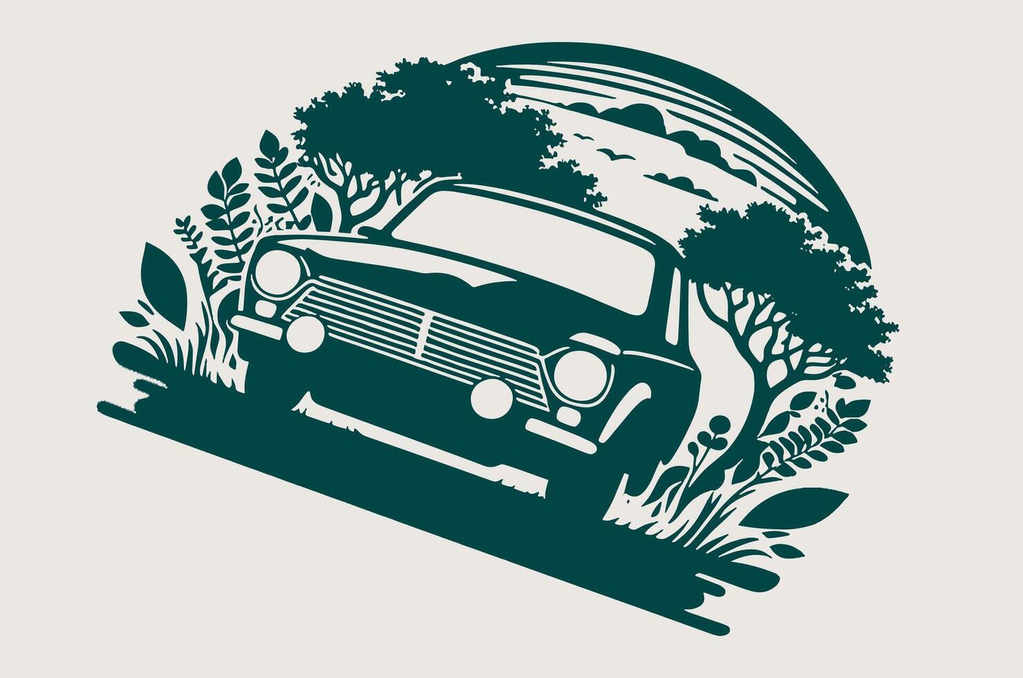 An old car is driving through the woods vector