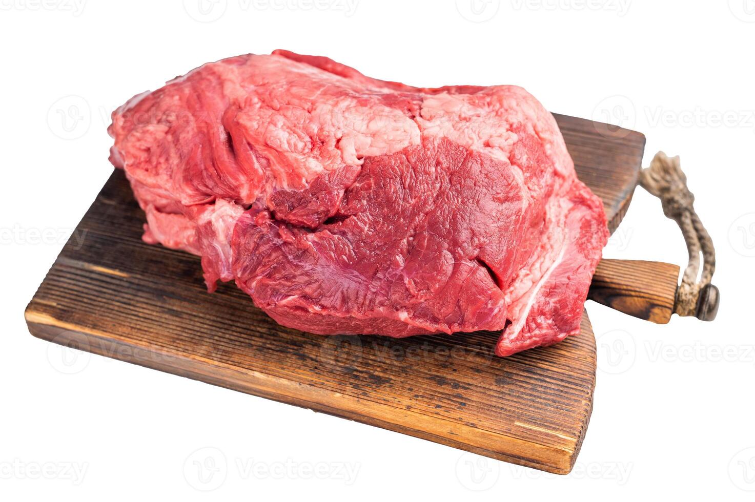 Fresh raw boneless beef shank displayed on a wooden cutting board, showcasing its rich color and marbling, perfect for hearty soups and stews. isolated on white background. top view photo