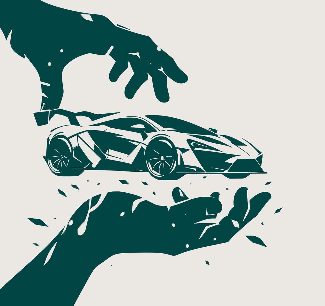 A hand holding a car and a hand reaching out to it vector