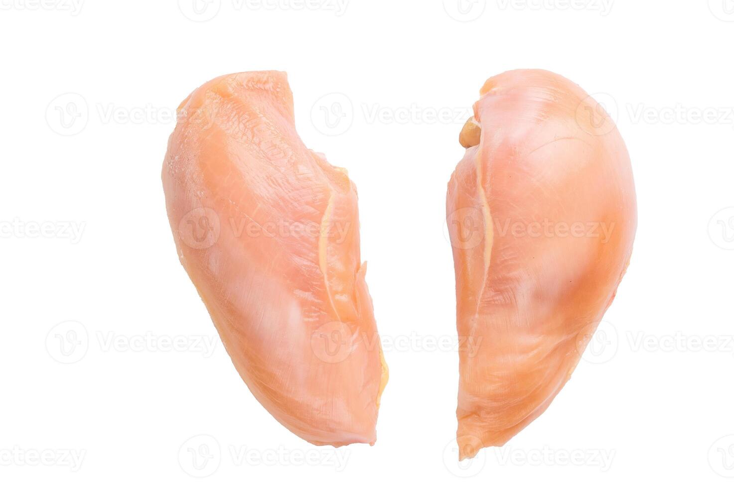 Two raw chicken breasts, sourced from an eco farm, ready for cooking, isolated on white background photo